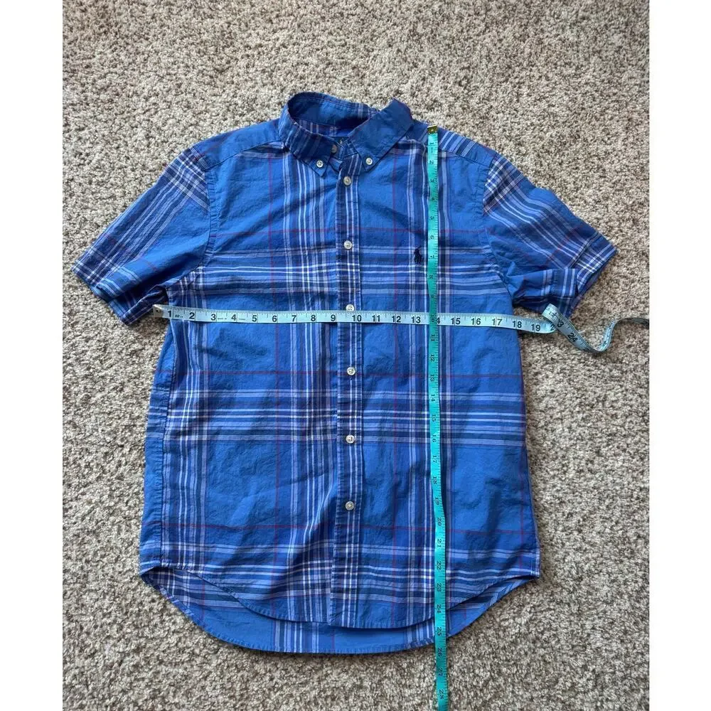Ralph Lauren BOYS size 14/16; Collared, short sleeve shirt, Blue Plaid print